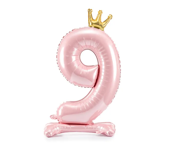 Balónek číslo 9 stojící růžový s korunkou 84 cm